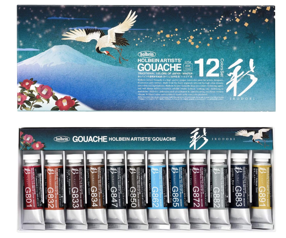 Holbein Artists' Gouache "Opaque watercolor paint <Irodori> Japanese traditional color series 4 Seasons (Spring, Summer, Autumn, Winter) 15ml 12 colors set Made in Japan