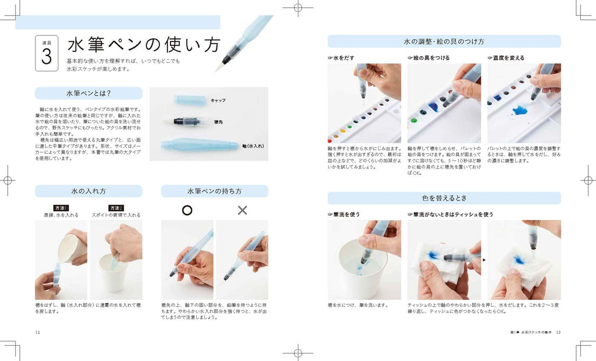 Introduction to watercolor sketching with a waterbrush pen - The world of transparent watercolor spread on postcards
