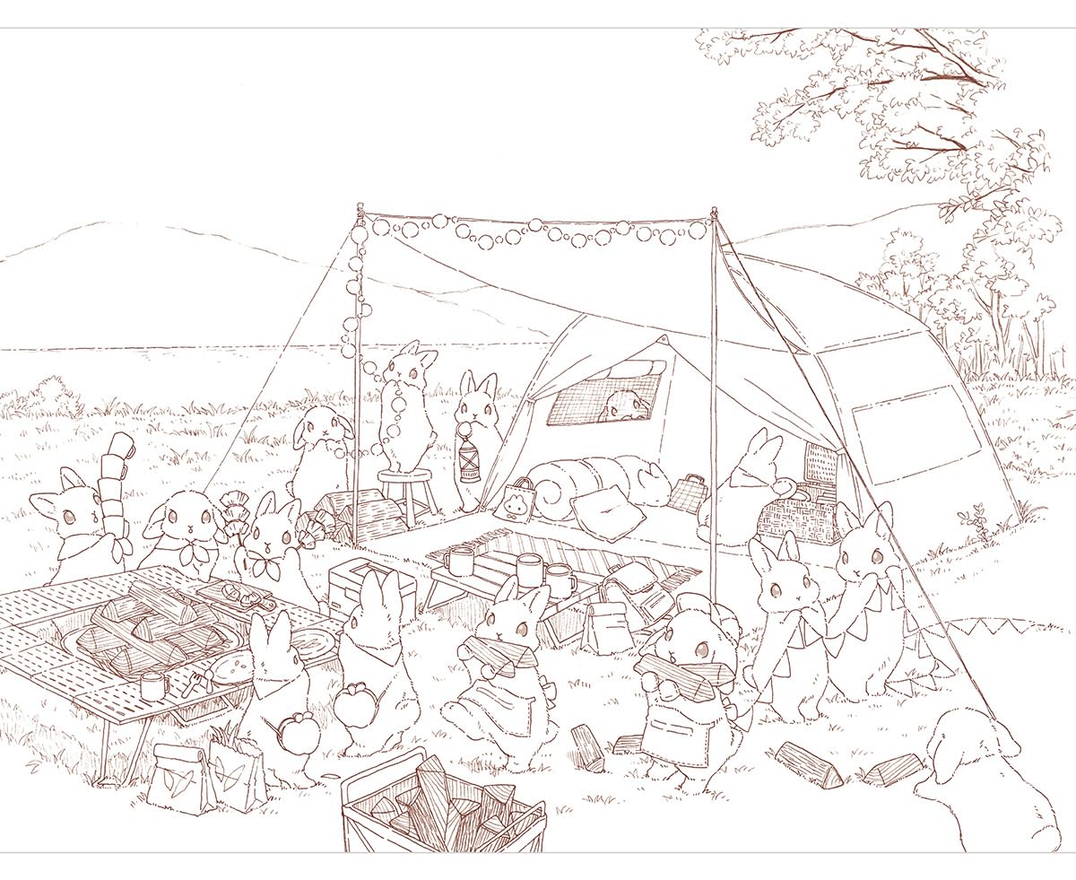 Rabbits and Nostalgic Japanese Scenery - Japanese Coloring Book