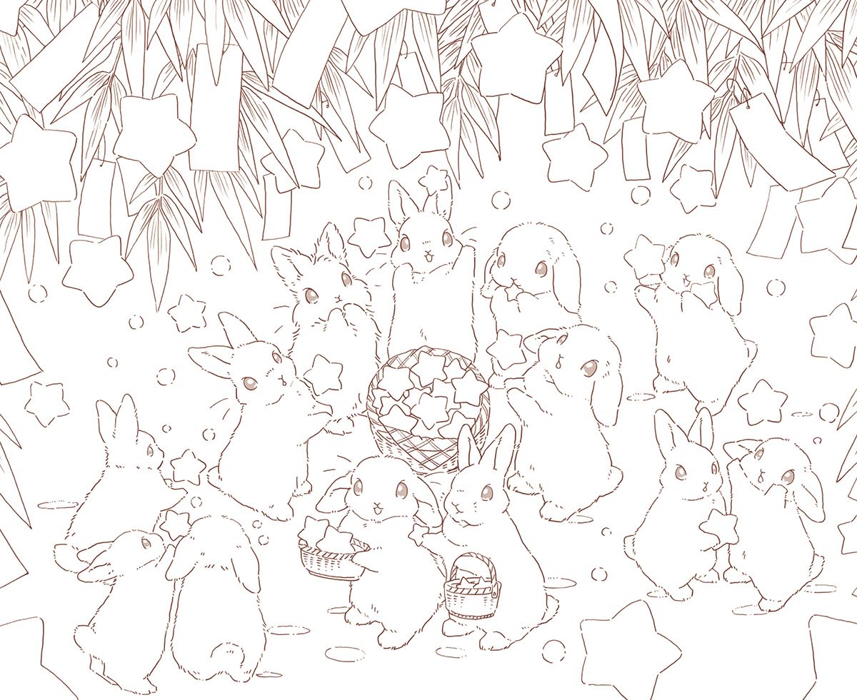 Rabbits and Nostalgic Japanese Scenery - Japanese Coloring Book