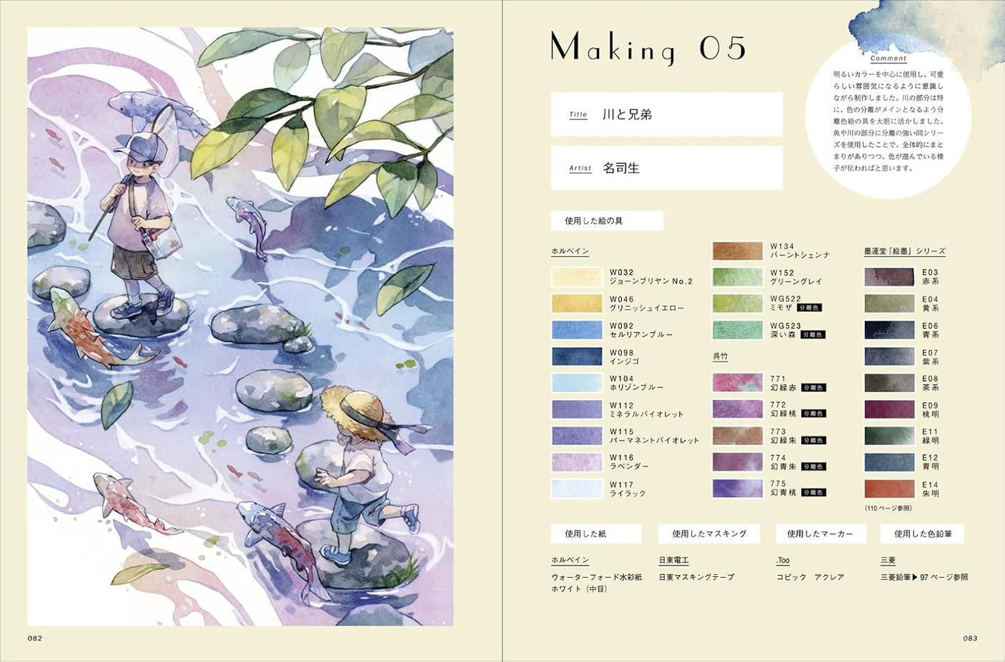 Watercolor comic illustration drawn with isolated colors - Japanese Craft Book