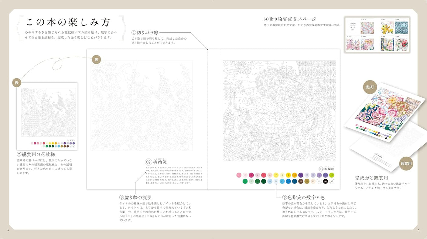 Enjoy the soothing designs and patterns of this floral pattern puzzle coloring book - Japanese Craft Books