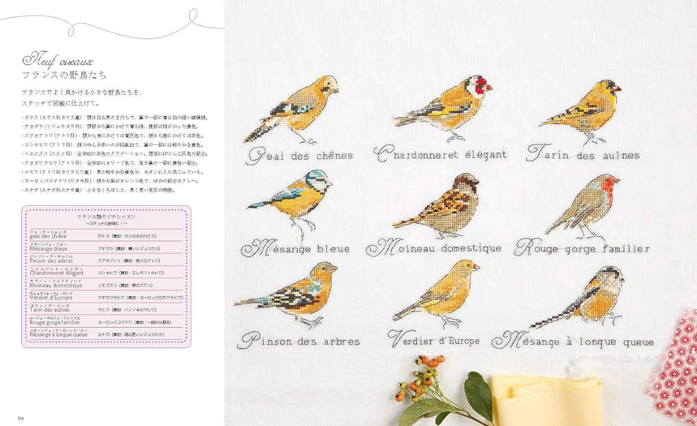 A lovely world colored with 210 cross-stitch motifs of French flowers and birds. Japanese Craft Book