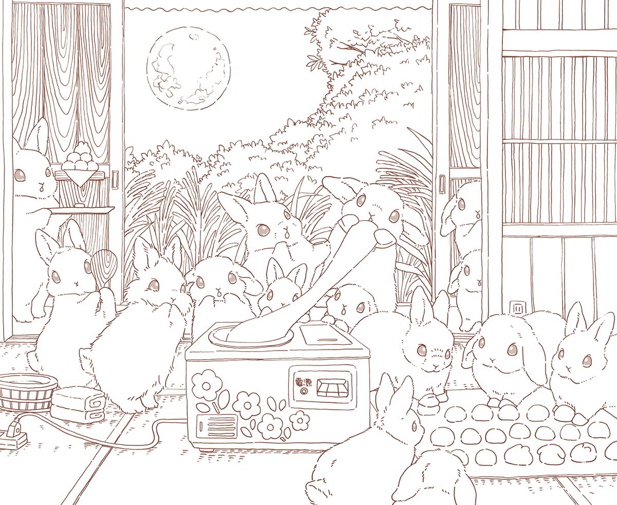 Rabbits and Nostalgic Japanese Scenery - Japanese Coloring Book