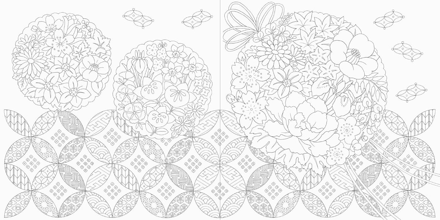 Beautiful Japanese patterns and seasonal flowers coloring book Japanese Coloring Book