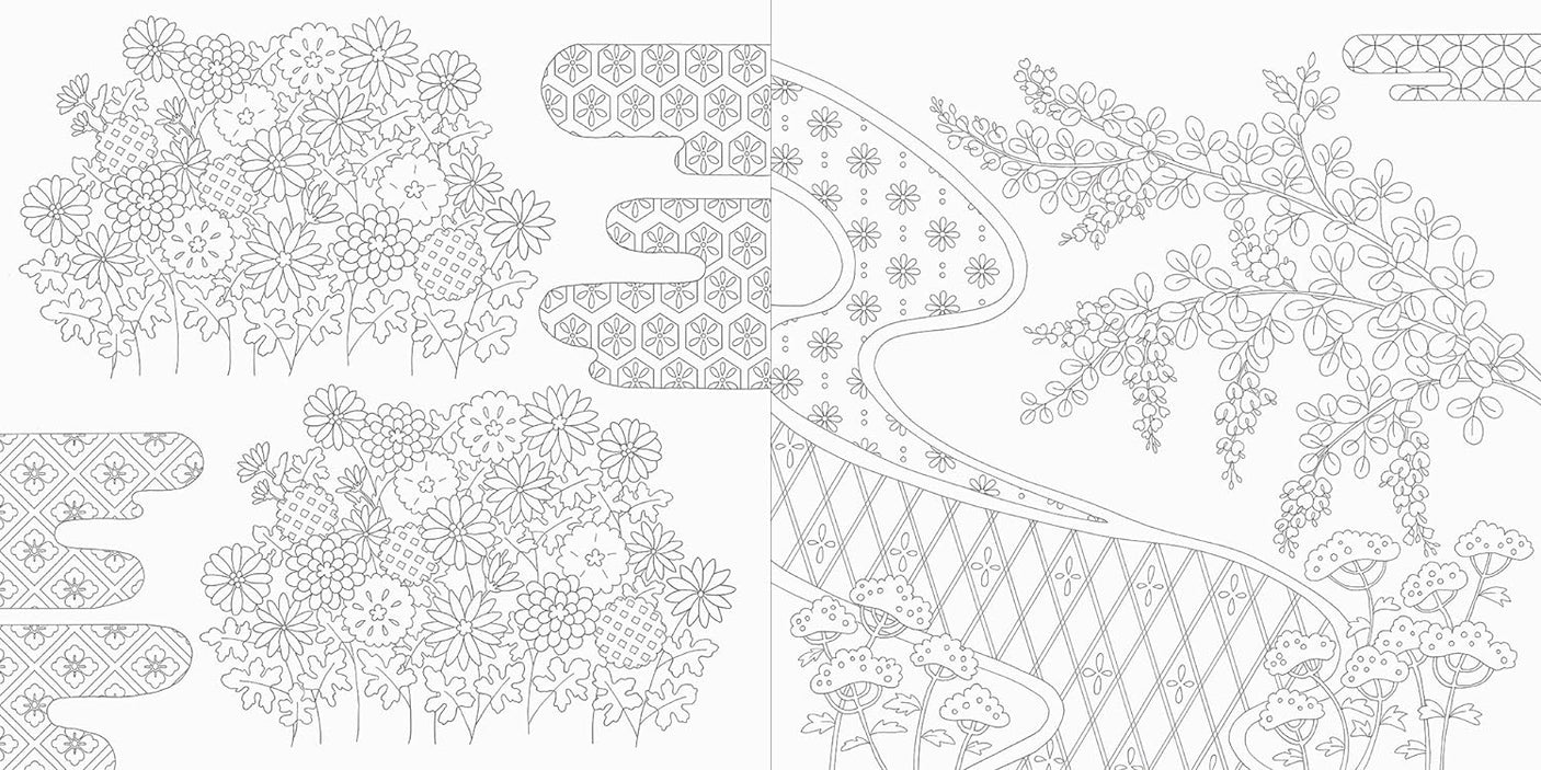 Beautiful Japanese patterns and seasonal flowers coloring book Japanese Coloring Book