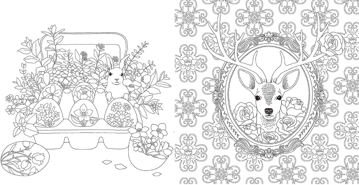 Coloring Book: Flowers and Animals' Travel Time - Japanese Coloring Book