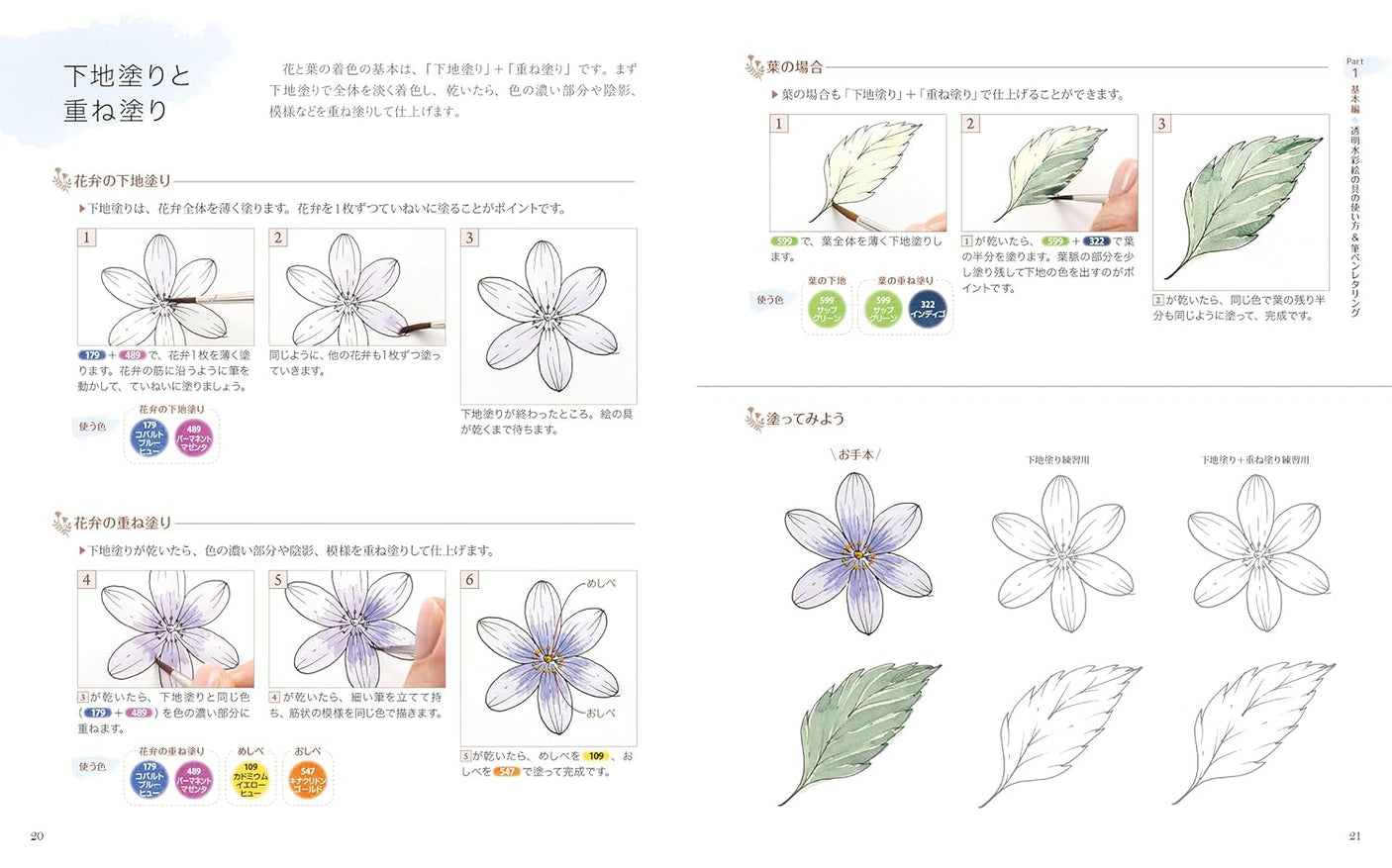 Learn with coloring books - watercolor illustrations of flowers, from single flowers to bouquets and wreaths Japanese Craft Book